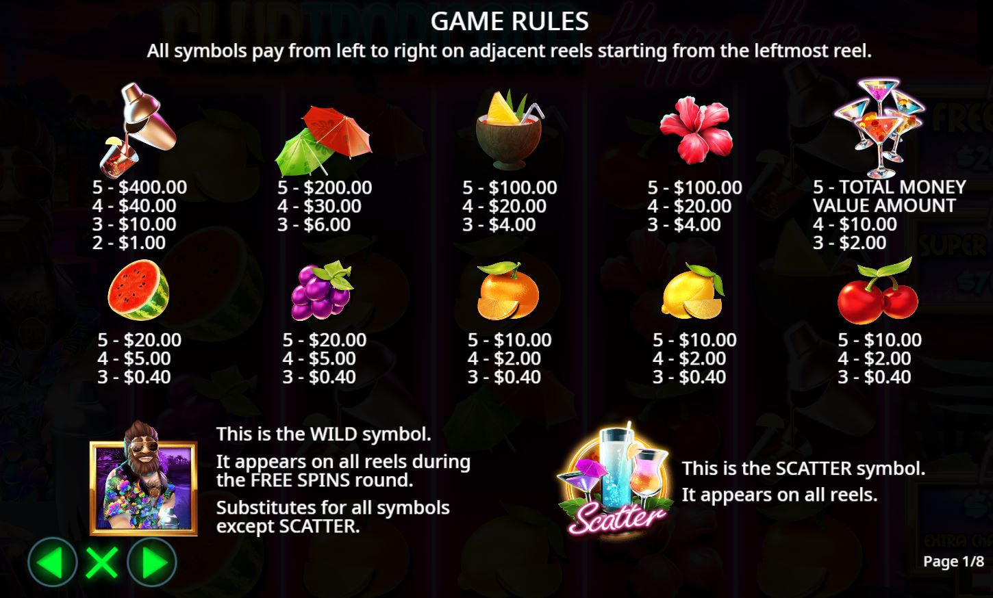 Paytable and winning combinations
