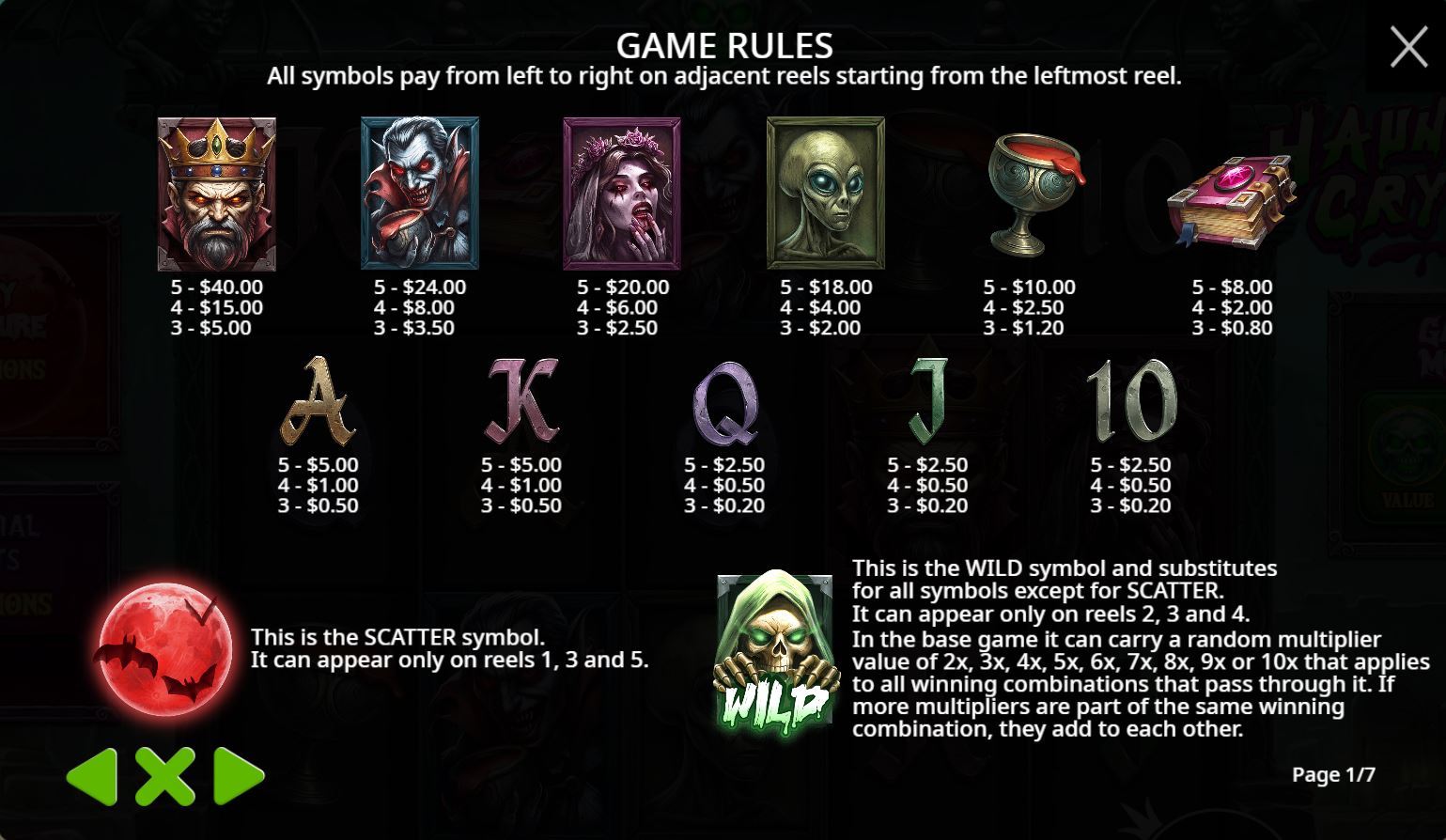 Paytable and winning combinations