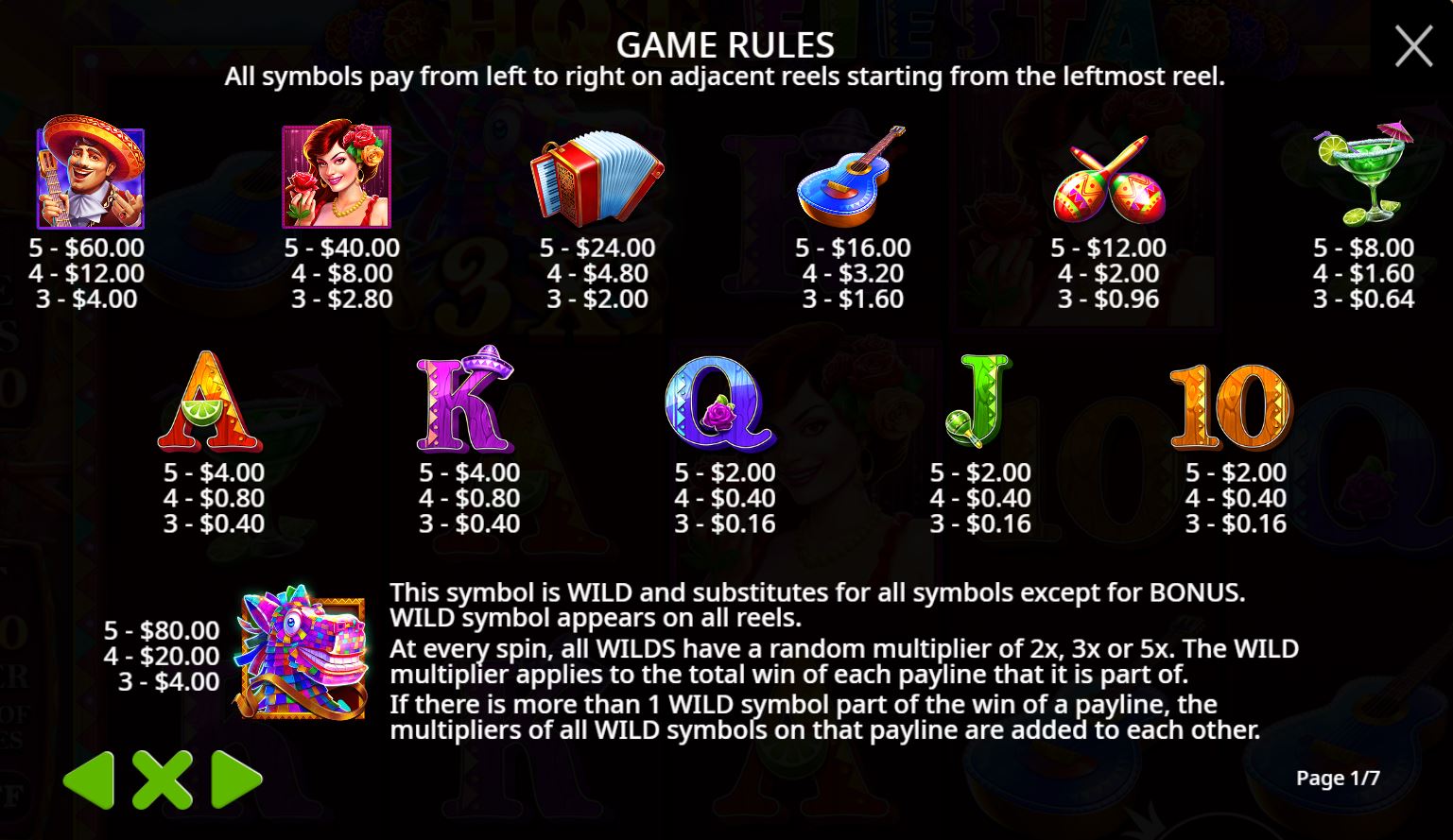 Paytable and winning combinations