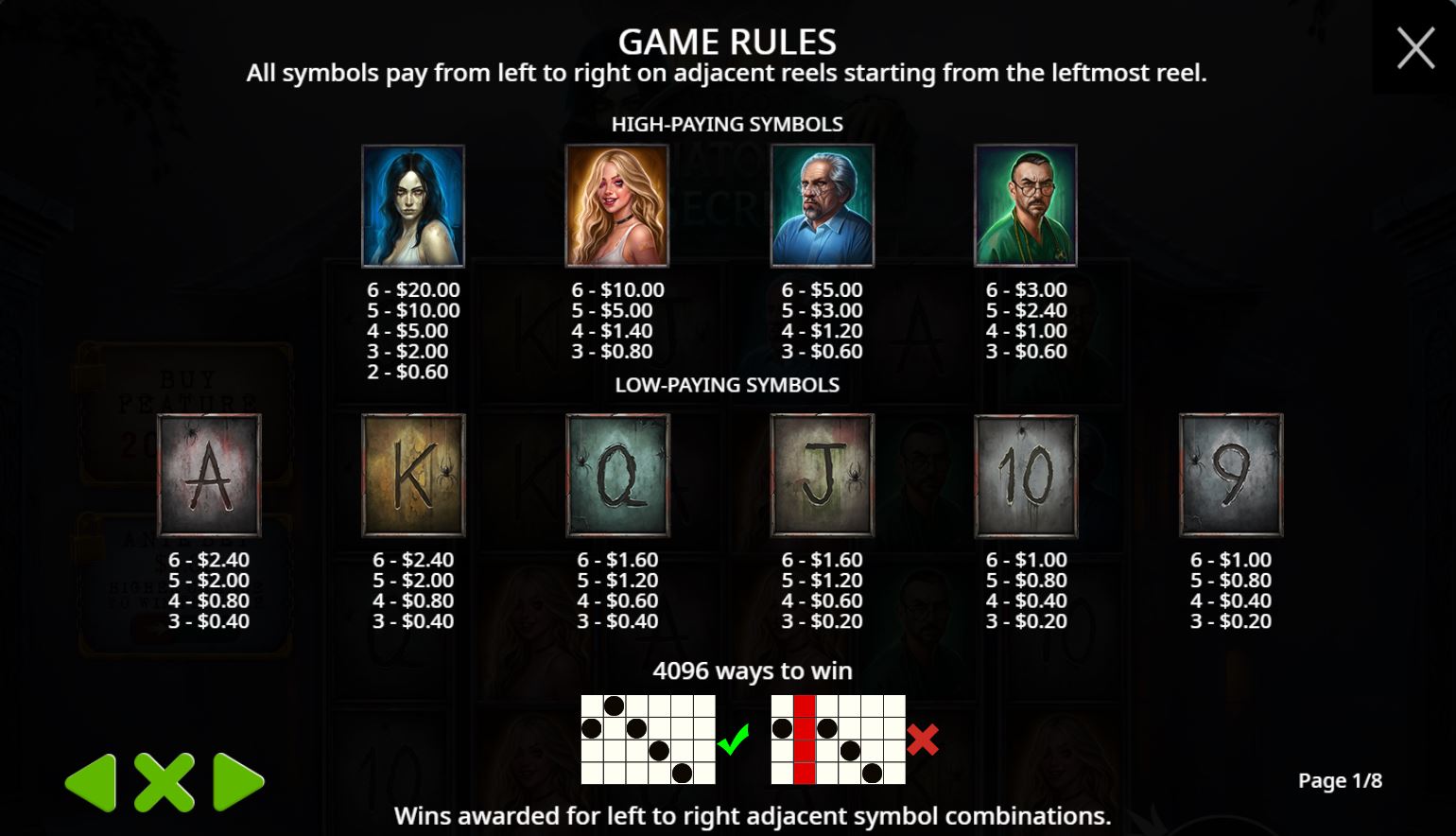 Paytable and winning combinations