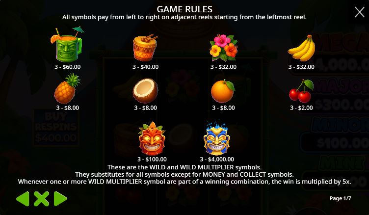 Paytable and winning combinations