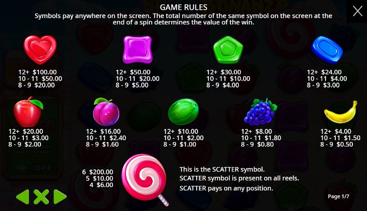 Paytable and winning combinations
